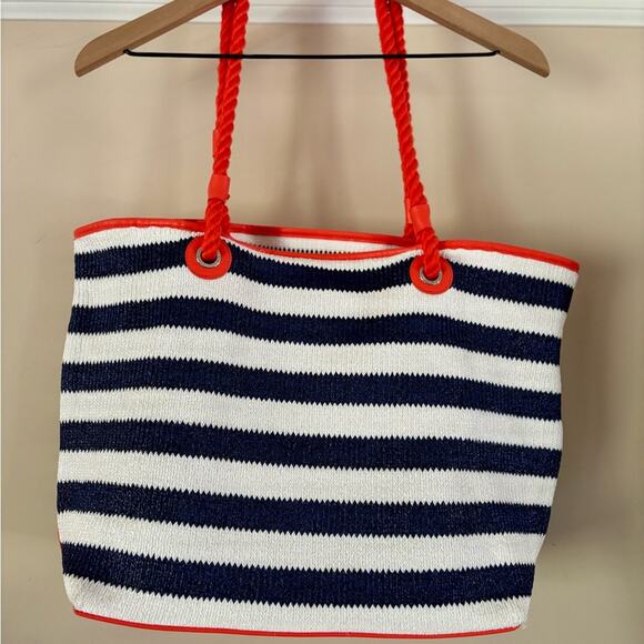 Vera Bradley Navy and White Stripe Large Tote Bag with Turtle Charm / Keychain - Picture 11 of 12